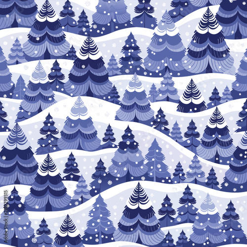 Seamless vector pattern of snow-covered pine trees across rolling hills, evoking cozy holiday and Christmas moods for backgrounds, wrapping paper, textiles, and seasonal web design.
