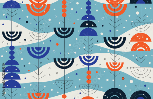 Abstract Geometric Floral Pattern in Blue and Orange Mid-Century Scandinavian Style for Textile