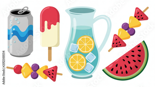 Bright summer beverage and dessert icon set featuring tropical drinks frozen sweets and refreshing seasonal snacks