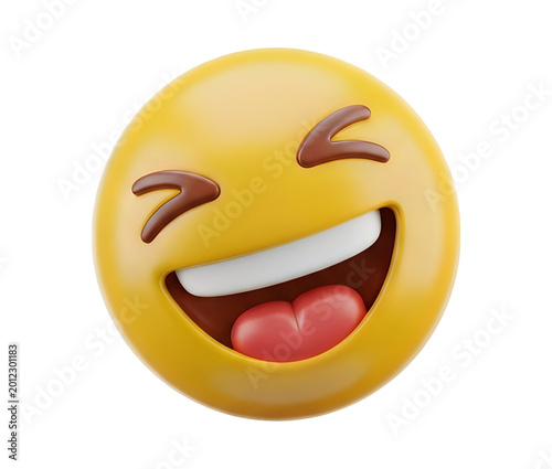 3d render of a yellow laughing emoji face with wide open mouth, isolated on transparent background