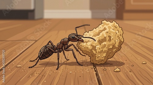 A diligent black ant transports a large crumb across a polished wooden floor, showcasing insect strength and determination in a detailed flat vector illustration
