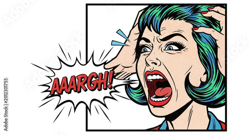 Woman screaming in frustration, comic book style, retro pop art, distress, anger, stress, vintage illustration