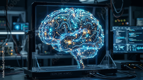 Intricate Glowing Digital Brain Structure in a High-Tech Scientific Research Facility, Highlighting Advanced Artificial Intelligence, Neural Networks, and Future Technological Innovation