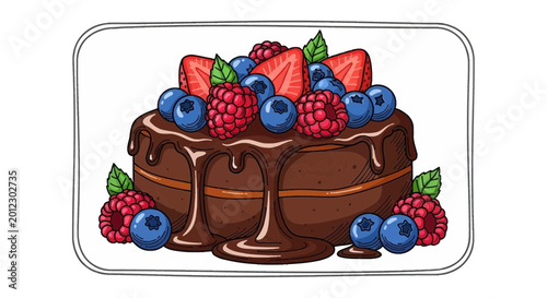 Decadent Chocolate Cake Drizzled with Ganache and Topped with Fresh Berries