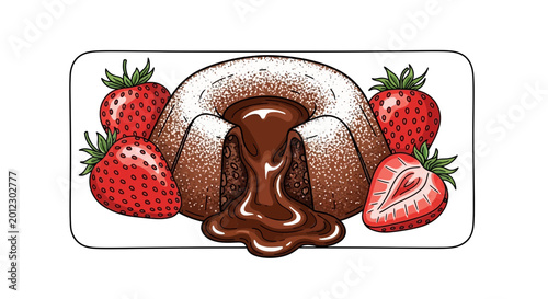 Decadent Chocolate Lava Cake with Fresh Strawberries and Powdered Sugar