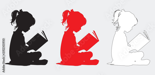 фотографія A minimalist black and white silhouette of a young girl, deeply engrossed in reading an open book