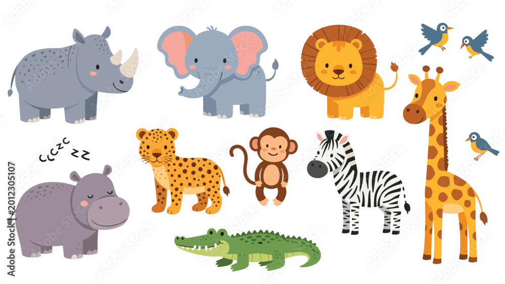 Obraz premium Large set of cute safari animals including an elephant, lion, giraffe, rhino, and monkey for children's educational and design projects.