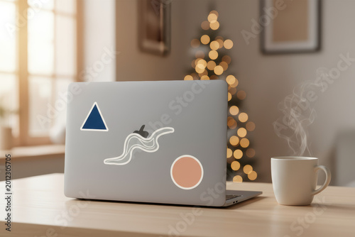 Grey laptop with colorful stickers on a wooden desk with hot coffee