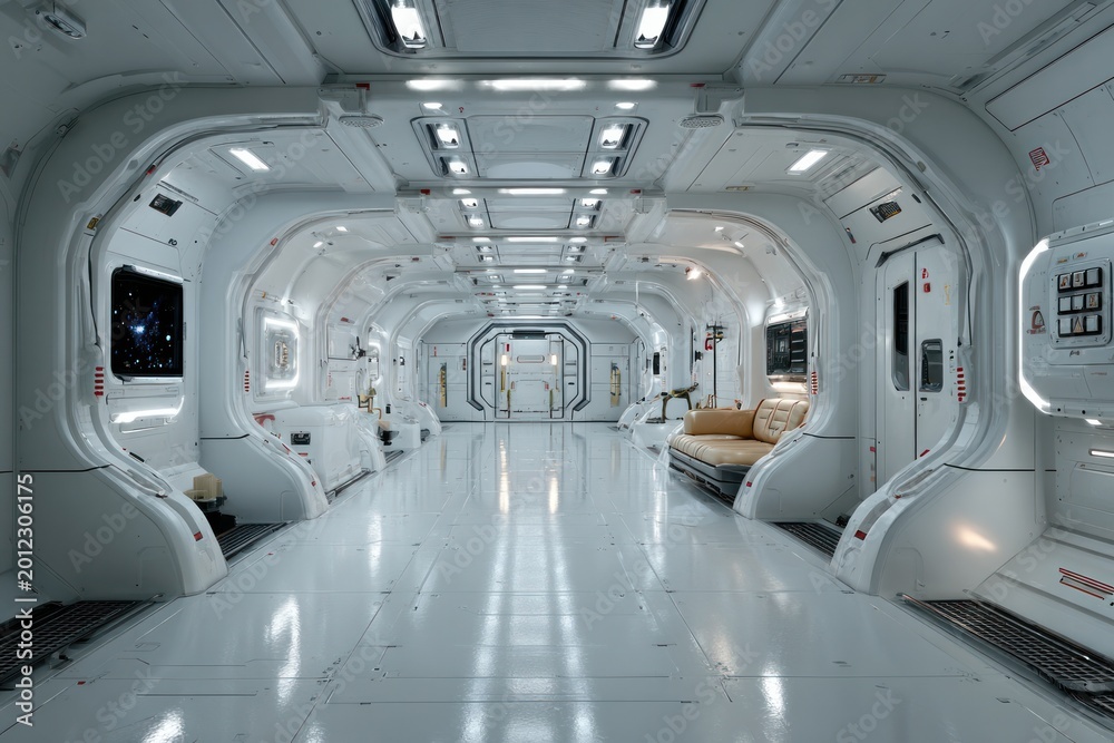 Obraz premium Futuristic spaceship corridor with sleek white design and lounge area