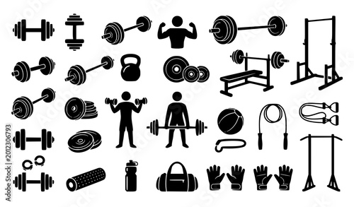 Φωτογραφία Bodybuilding weight equipment silhouette collection black gym vector icons