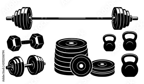 Foto Heavy gym weights silhouette bundle bodybuilding fitness vector illustration set
