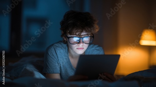 Portrait of teenager sitting at the table at home, using tablet and drinking tea.