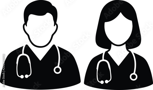 Male and Female Doctor Silhouette Avatars with Stethoscopes Medical Professional Vector Icon