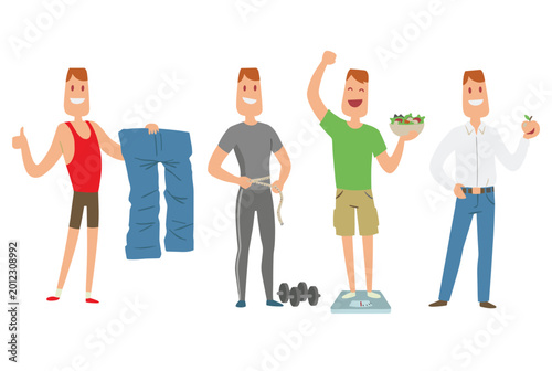 Male cartoon character weight loss success steps showing thumbs up, holding large pants, measuring waist, holding salad, standing scale, dumbbell exercising, healthy apple healthy lifestyle, slim