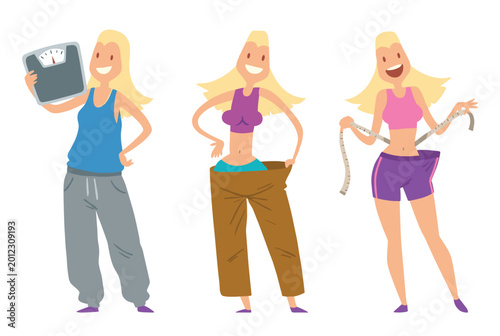 Blonde woman weight loss journey, holding scale, wearing loose pants, smiling, fitness progress, isolated white background, cartoon style. Blonde woman showing oversized pants happy expression