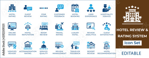 Obraz na płótnie Hotel review and rating system icon set featuring star rankings, guest testimonials, booking feedback, room service quality, travel experience, and hospitality analytics symbols
