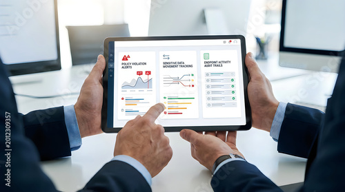 Tablet displays cybersecurity alerts for policy violations and endpoint activity