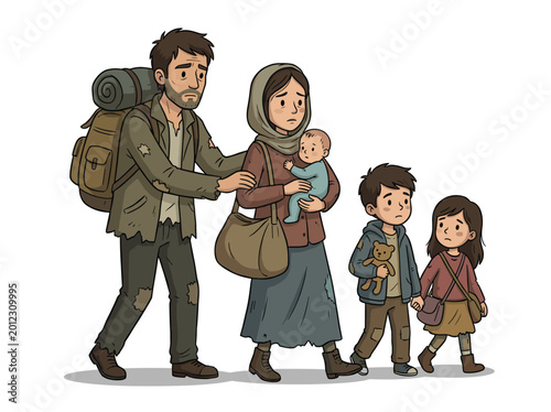 Photos Refugee family father backpack tattered clothes, mother holding baby anxious expression, children holding toys distressed