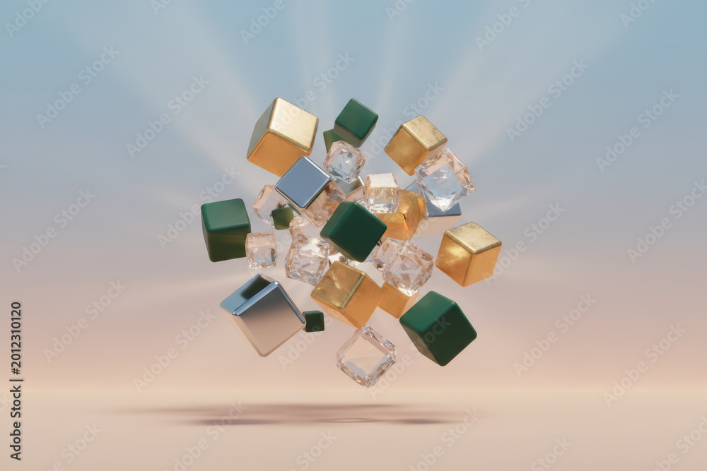 Obraz premium Abstract composition of floating golden green and translucent glass