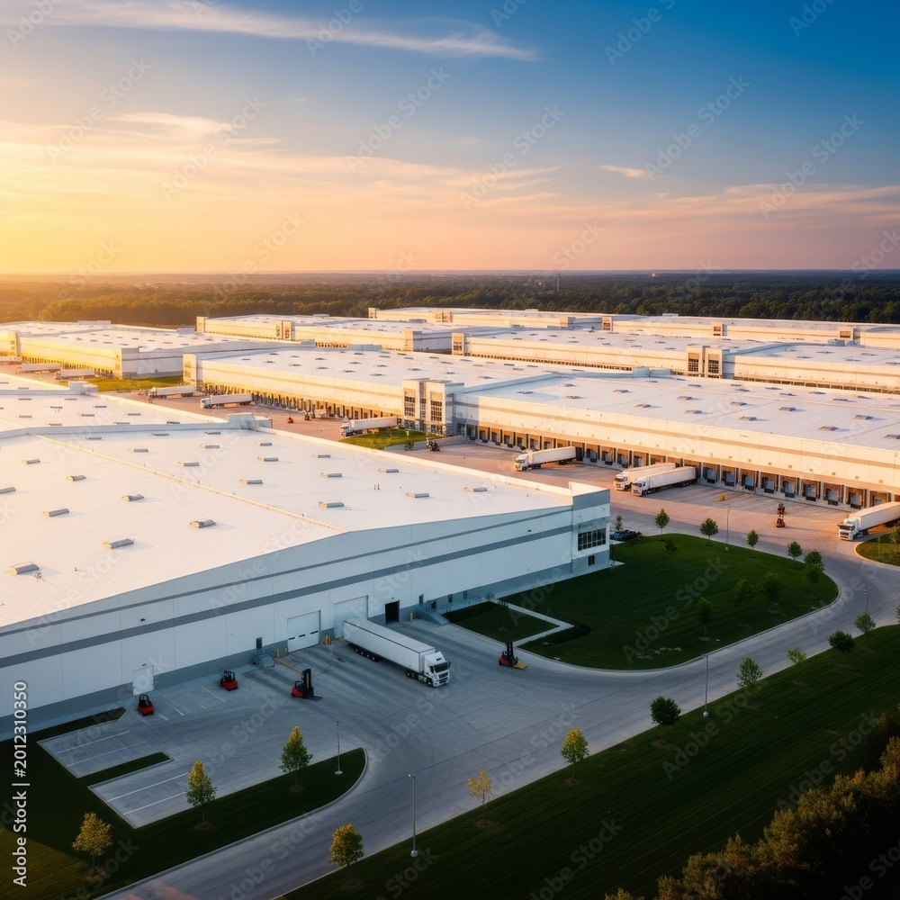 Fototapeta premium A high-angle aerial view of a modern logistics distribution center with rows of white warehouses glowing under a soft, golden sunset light, sunlight, commercial, parking