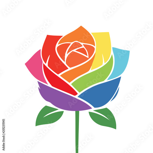 A vibrant rainbow colored rose icon with white outline