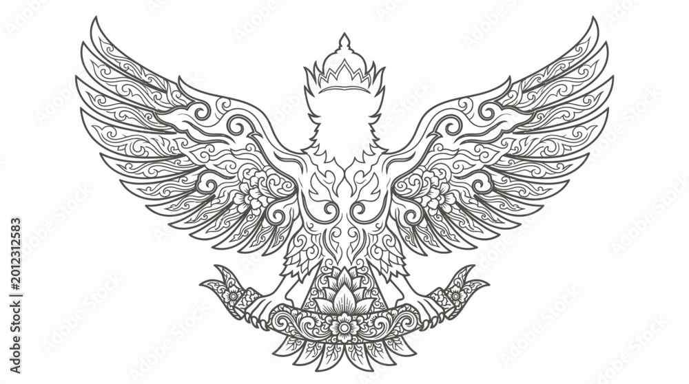 Fototapeta premium Ornate Garuda Emblem Outline, Mythical Bird Crest, Traditional Thai Art Style