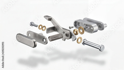 Metallic mechanical parts detailed assembly exploded view on white background
