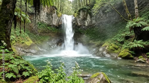 A powerful waterfall cascades into a clear turquoise pool in a lush forest