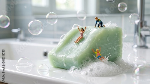 Miniature people figures are having fun sliding down a large green bar of soap that is surrounded by many floating soap bubbles in a bright and clean bathroom sink area.