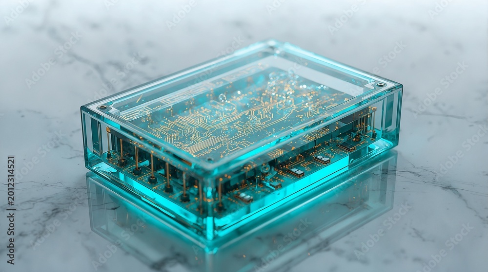 Fototapeta premium Futuristic glass server module submerged in glowing neon teal liquid cooling system