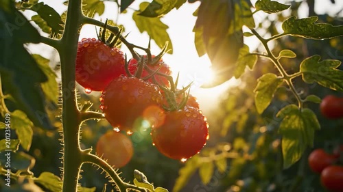 Ripe red fruits covered in water droplets on a vine at sunset