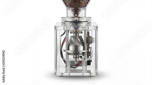 Transparent coffee grinder detailed view of components and mechanism