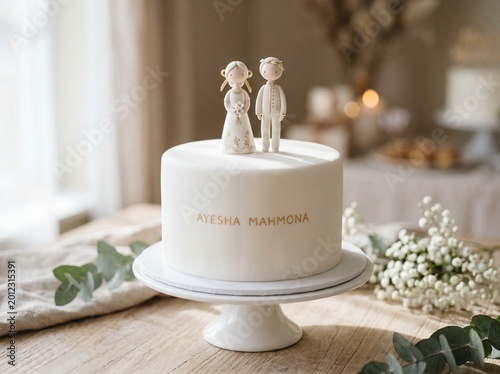Elegant white wedding cake featuring cute bride and groom figurines standing on top with gold lettering displayed on a simple pedestal stand for a beautiful and minimalist romantic celebration event