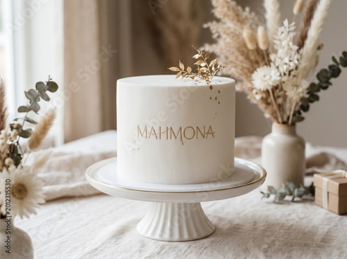 Minimalist white cake featuring elegant gold lettering on a smooth fondant finish displayed on a classic white ceramic pedestal stand for a sophisticated celebration or a luxury birthday party event.