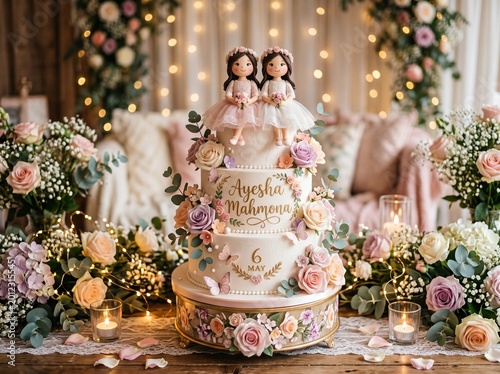 Beautiful three tiered birthday cake featuring elegant custom figurines of two young girls sitting on top decorated with soft pastel roses and butterflies for a special celebration party event theme.