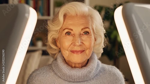 Senior caucasian woman enjoying white daylight therapy session at home wellness space, illuminated by bright light panels with calm smile. Concept of healthy aging and light treatment