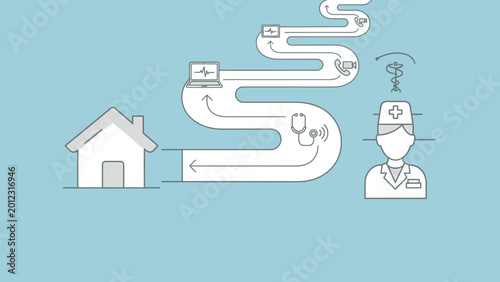 Telemedicine concept showing healthcare connection from home to doctor.