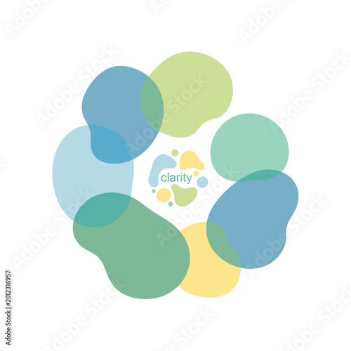 Abstract colorful blobs forming a circular pattern with a central logo.