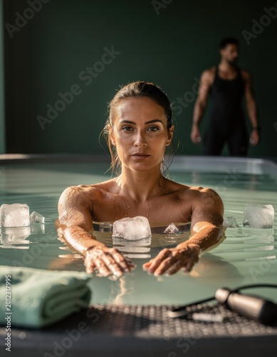Athletic woman submerged in ice water taking a cold plunge for sports recovery, physical therapy and wellness branding with a calm focused expression in a gym setting