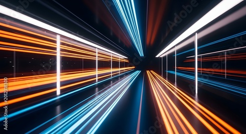 Abstract futuristic tunnel with glowing neon lines. High speed data transfer and internet connection concept. Light beams traveling through a dark digital corridor.