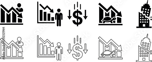 Tableau sur toile Financial crisis icons set recession market decline economic downturn illustrati