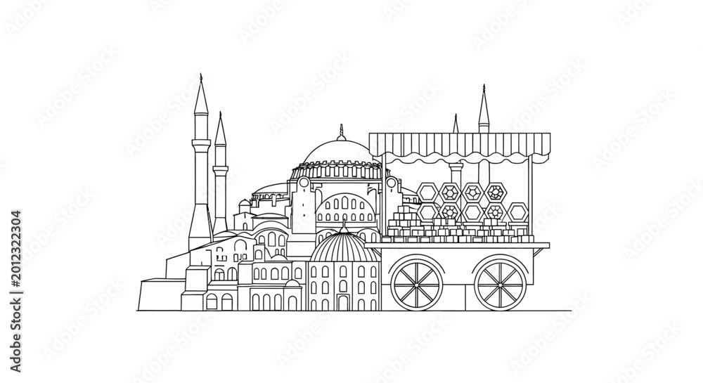 Naklejka premium Ancient Mosque Skyline with Domes and Minarets