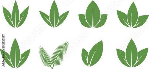 Collection of Green Leaf Vector Icons Representing Nature, Ecology, and Organic Design Concepts