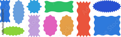 Zig zag Wavy Edge Rectangle, Oval, Circle Stickers Set. Vector illustration.
