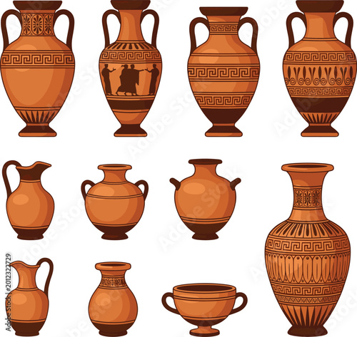 Fotografie Collection of Ancient Greek and Roman Ceramic Vases and Amphorae with Decorative