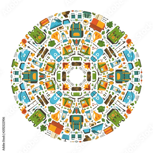 Camping Mandala Pattern with Backpacks, Tents, and Hiking Gear