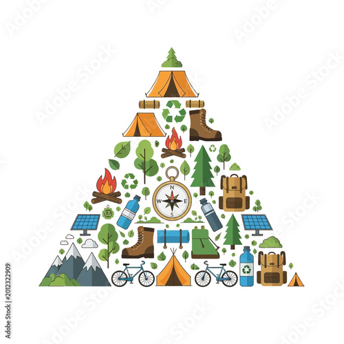 Camping Gear and Outdoor Adventure Icons in Pyramid Shape