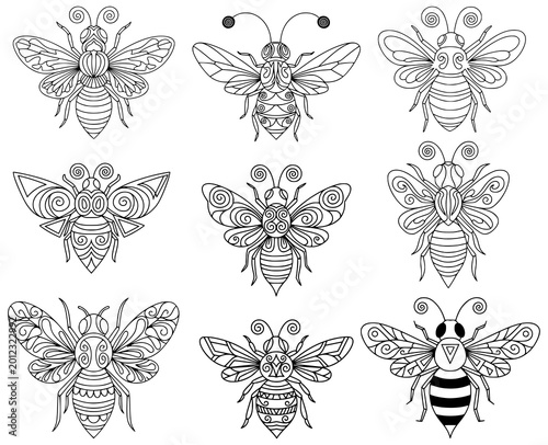 Large set of decorative stylized bees in zentangle line art style for adult coloring book