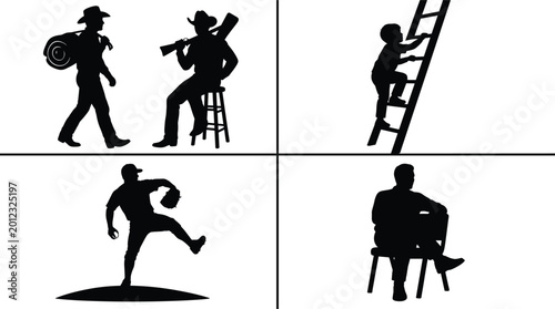 People silhouettes collection featuring cowboy traveler ladder climbing soccer player and seated man isolated on white background
