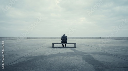 Man sitting alone on bench in middle of large empty concrete square 046